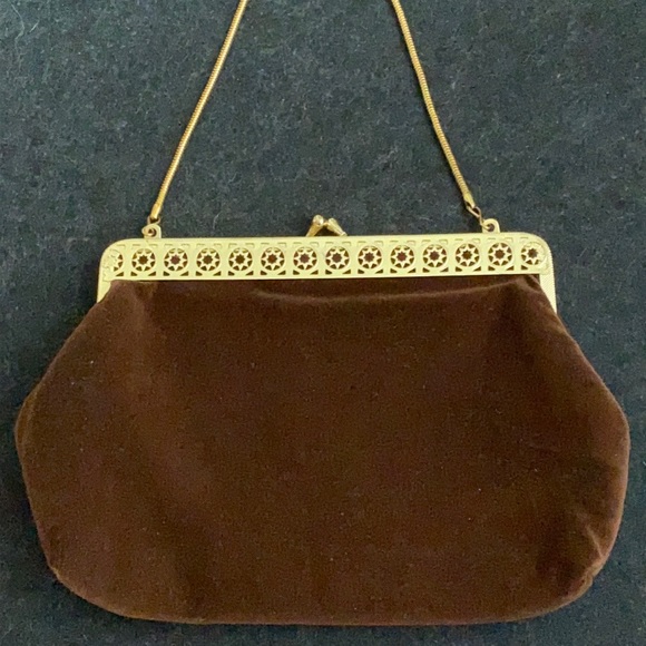 Vintage brown suede hand bag with golden details and chain made in Hong Kong - Picture 1 of 6